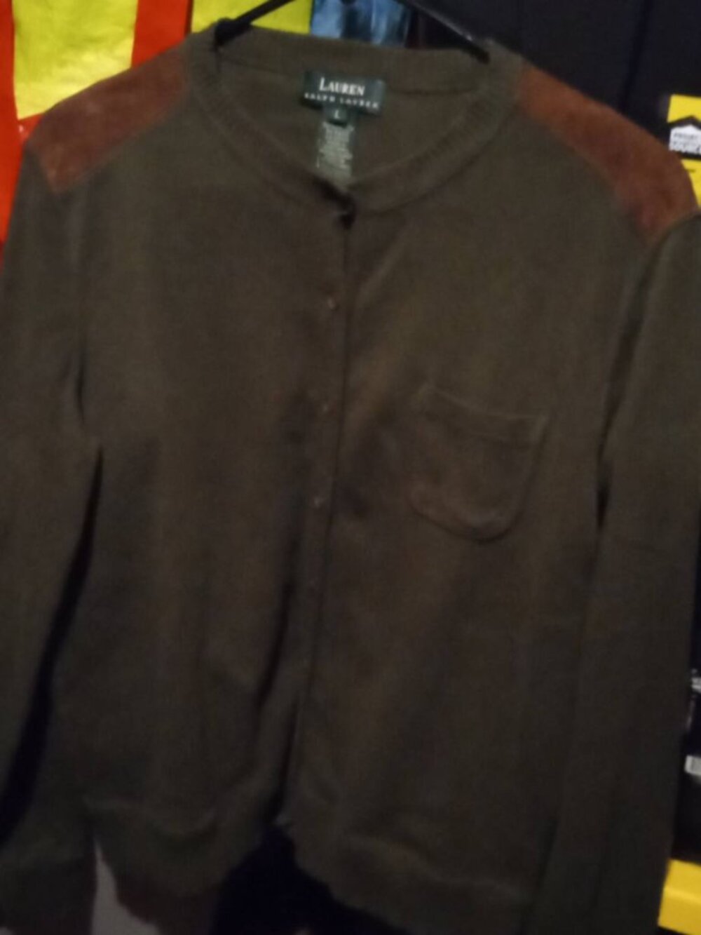 lauren ralph lauren cardigan deep green with suede patches large